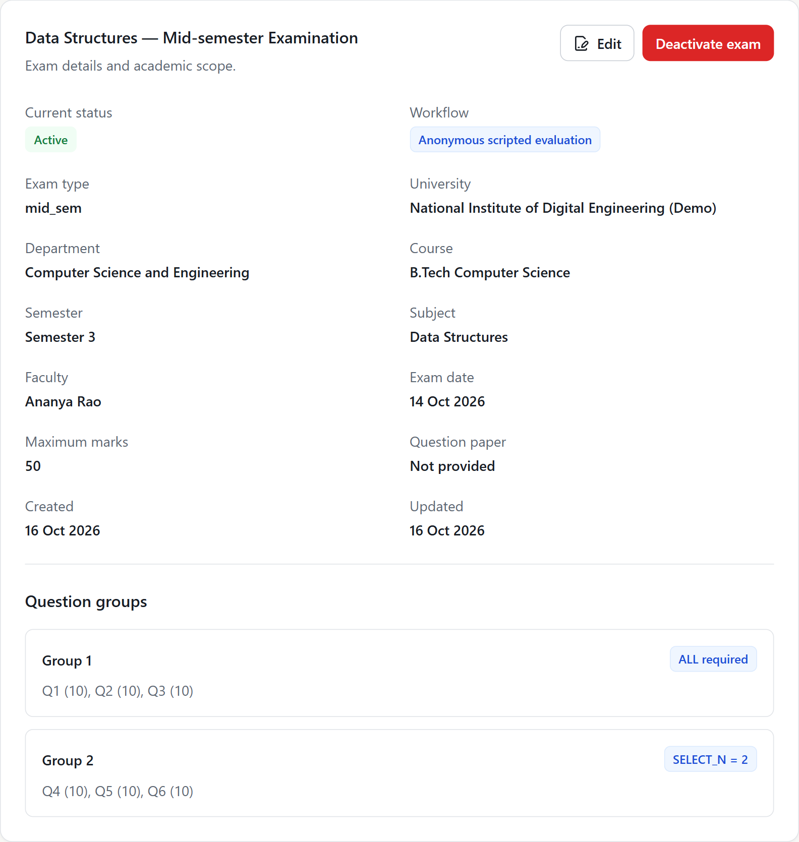 Real EvalTrack demo exam: Data Structures, 50 maximum marks, ALL Q1–3 and SELECT_N two of Q4–6.