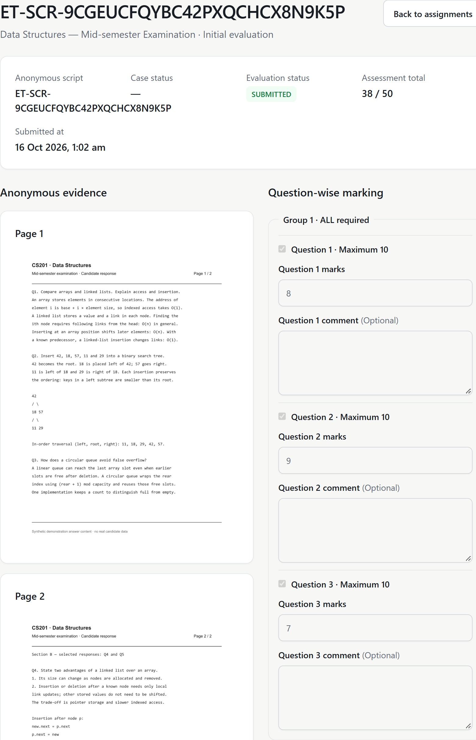 Real submitted faculty assessment: compulsory question marks 8, 9 and 7 out of 10. Desktop includes anonymous evidence and the full assessment total of 38 out of 50.
