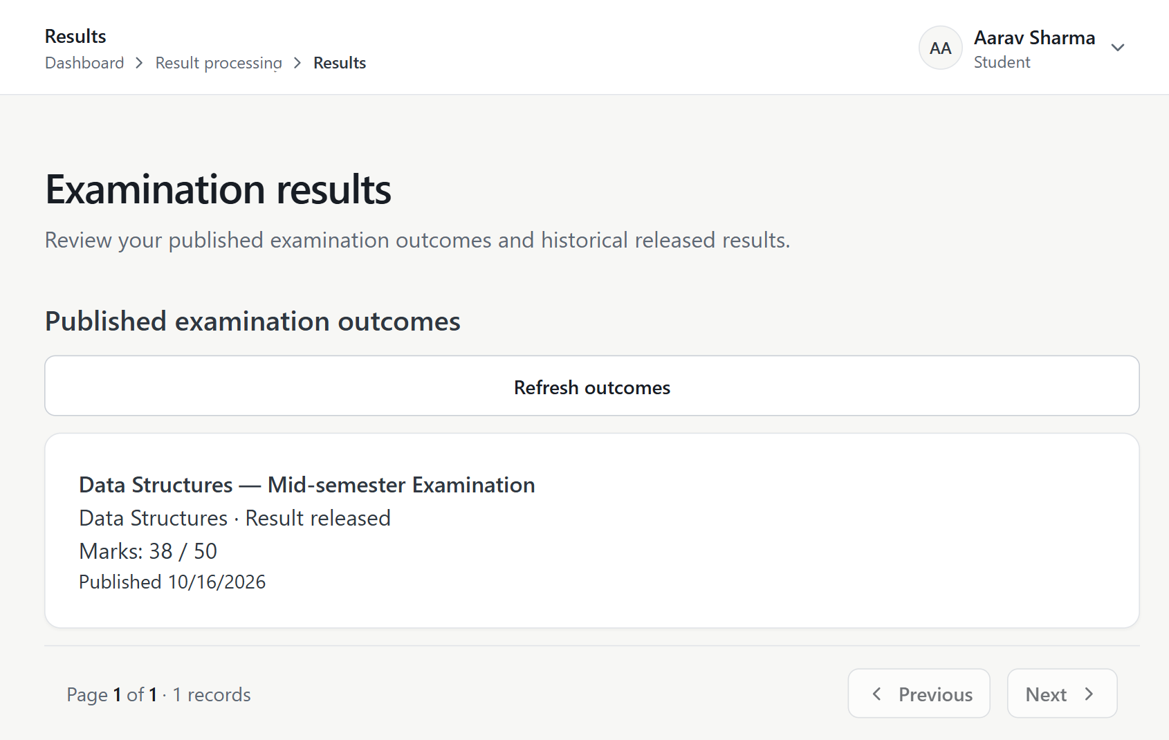 Aarav’s real student portal: Data Structures result released, marks 38 out of 50, published 16 October 2026.